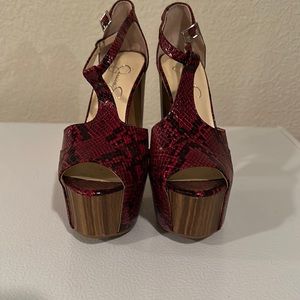 Jessica Simpson red snake platform heels
